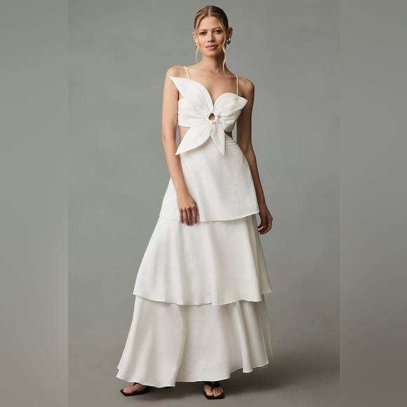 FARM Rio Dresses & Skirts - FARM Rio White Tiered Maxi Dress with Sculpted Floral Bodice